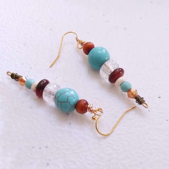Mixed Gemstones! SouthWestern Stacked Earrings! Unique + Colorful Fall Danglers - Picture 2 of 7